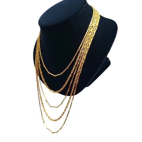 Vintage Alternating Bar and Chain Link Multi Strand Graduated Gold Tone Necklace